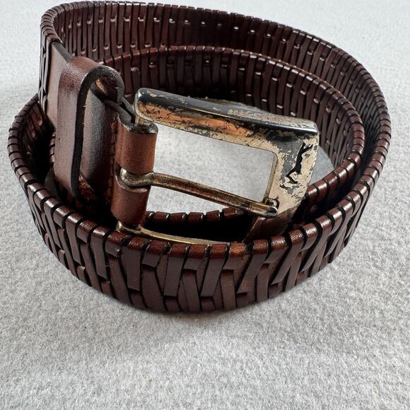IZOD Men’s Brown Woven Leather Belt 36 Distressed Silver Buckle & Tip 90s VTG - Picture 2 of 8